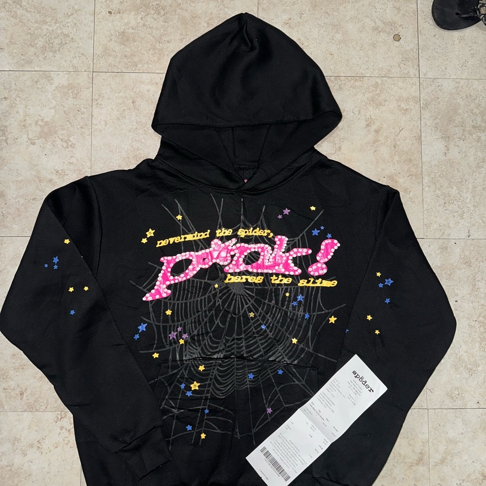 Sp5der hoodie black and pink